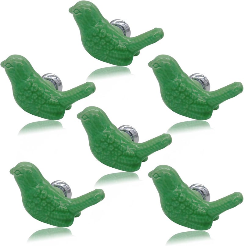 Tecrio 6pcs-Pack Vintage Ceramic Drawer Knobs and Pulls, Birds Art Decor Cupboard Dresser Cabinet Knobs and Handles for Kids-Room Bathroom Kitchen-Room Door Closet w/Screws Green - Image 1